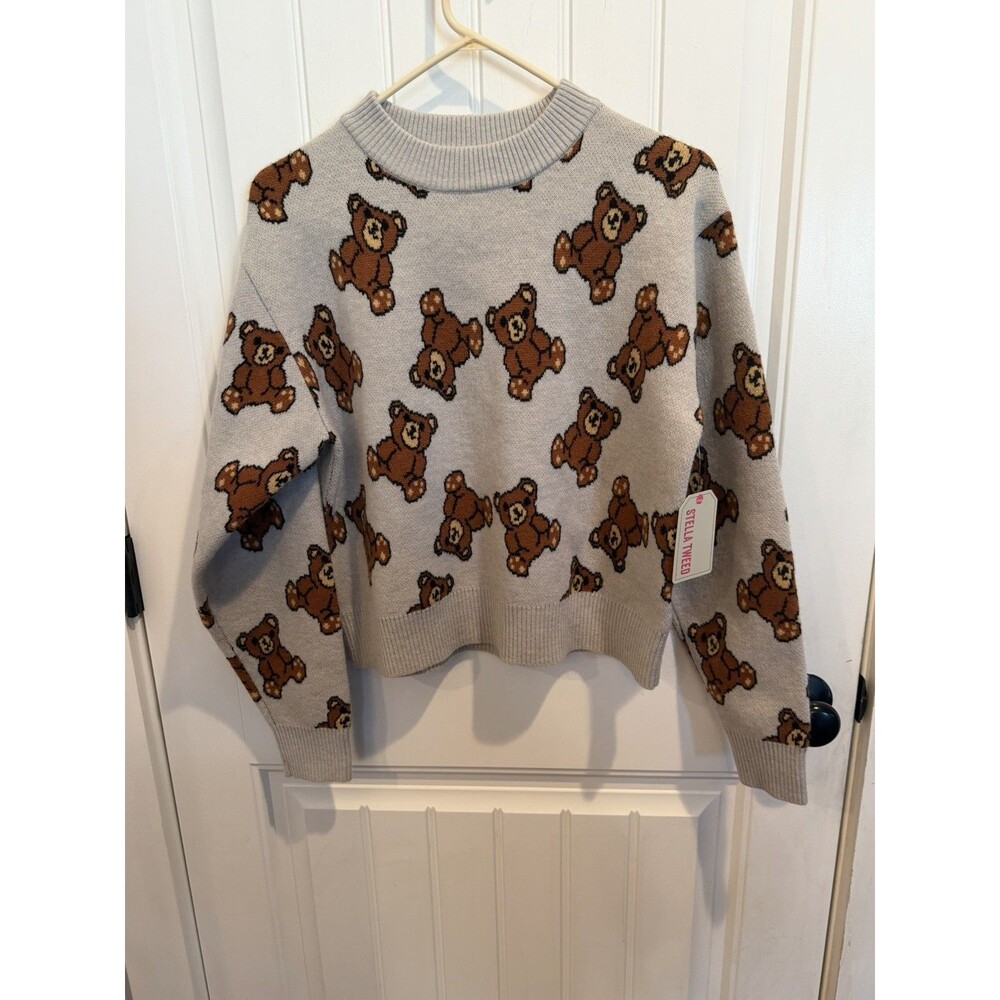NWT Stella Tweed Teddy Bear Sweater Women M Gray Allover Graphic Knit Cropped